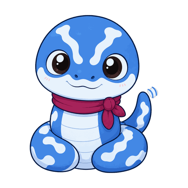 Tino, la mascotte de Zcorps : un petit serpent bleu au ventre clair, assis, avec un foulard prune, qui sourit et salue de la queue.